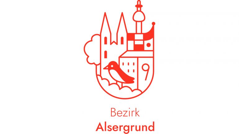 Wappen in Rot auf weißem Hintergrund: Baum, Gebäude, Vogel, Text: Bezirk Alsergrund