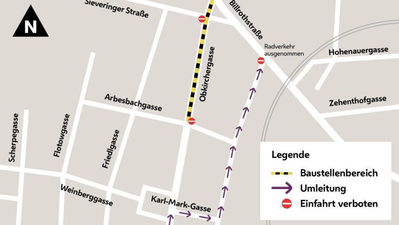 copyright: Wiener Wasser Ausschnitt aus dem Stadtplan mit eingezeichnetem Baustellenbereich.