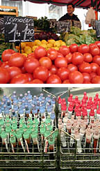 Market stand with tomatoes; laboratory samples