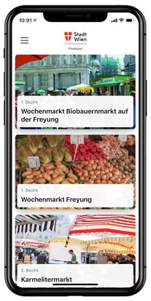 Smartphone mit Ansicht der "Wiener Mrkte App"