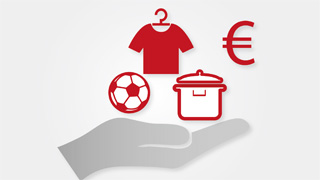 Illustration of a hand holding a ball, clothes, a pot and the Euro symbol