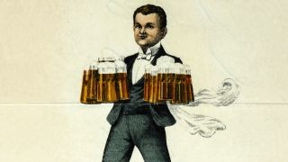 Zeichnung eines Kellners mit mehreren Bierkrgen auf beigem Hintergrund