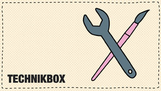 Schriftzug "Technikbox" mit Werkzeug und Pinsel