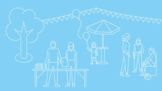 Sujet mit Symbolen, die ein Paar bei einem Tisch, einen Baum, einen Schirm, eine Wimpelkette und Besucherinnen zeigen