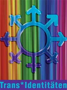 Kreis mit mehreren Pfeilen, Kreuzen und Mischformen vor Regenbogenfahne, darunter Schriftzug "Trans*Identitten"