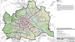 Wien-Karte mit Bezirksgrenzen und 91 durchnummerierten Bezirksteilen
