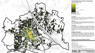 Wien-Karte: Zufriedenheit mit der Nhe zu Grnanlagen  in 91 Bezirksteilen farblich dargestellt