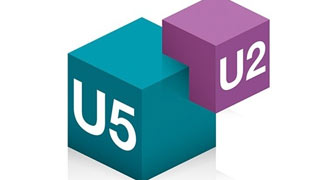 Grafik: Grner U5-Wrfel und violetter U2-Wrfel stecken zusammen