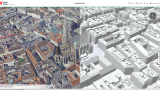 Zweigeteilter Planauschnitt: links Schrgluftbild Stephansplatz, rechts Gebudemodell