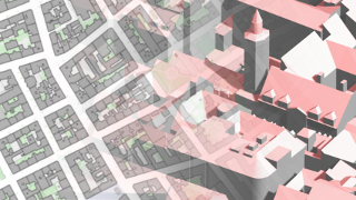 Fotomontage der Flchen Mehrzweckkarte und eines dreidimensionalen Kartenausschnitts
