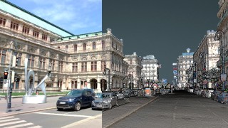 Gegenberstellung von Fotos der Umgebung der Wiener Oper ohne und mit Einbezug von Befahrungsdaten