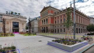 Panoramabild eines ffentlichen Platzes in Wien mit berblendeten 3D-Vermessungsdaten