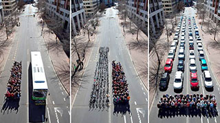 space of three means of transport in comparison - cars, bikes and a bus