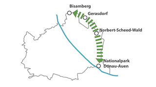Wien-Karte mit Markierung der Grnraumverbindung Bisamberg bis Nationalpark Donauauen
