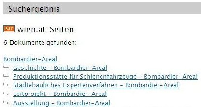 Screenshot einer Trefferliste mit gruppierten Treffern zum Thema 'Bombardier-Areal', jeder Einzeltreffer mit einem eindeutigen Linktext (Beispiel "Geschichte - Bombardier-Areal")