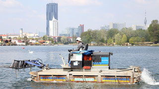 Woman driving a mowing boat on the Alte Donau