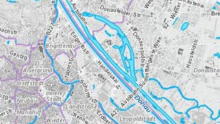 Stadtplanausschnitt mit Gewssern in blauer Farbe