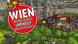 Ilustratiion vom Rathausplatz mit Text "Wien - Meine bunte Umweltmusterstadt"