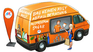 Cartoon Beratungsgesprch bei einem Infobus der Abfallberatung