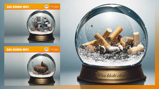Abbildung von drei Schneekugeln mit den Inhalten Sperrmll, Hundekot und Zigarettenstummeln