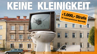 Ausschnitt vom Plakat der Kampagne "Keine Kleinigkeit" zum Thema Sperrmll: Riesige, kaputte Klomuschel und Fernseher auf der Strae