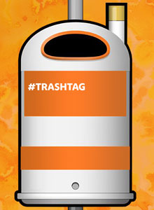 Paperkorb mit dem Spruch "#Trashtag"