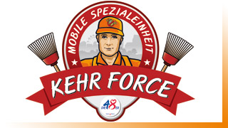 Logo der Kehrforce: ein Straenkehrer umrahmt von den Schriftzgen "Mobile Spezialeinheit" und "Kehrforce" sowie zwei Kehrbesen