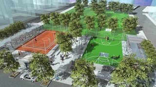 Visualisierung: Park mit Wiese und zwei Ballspielpltzen, Sitzbnke, Bume