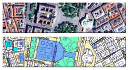 Bild oben: Luftbild von Rathaus und Burgtheater. Bild unten: Lageplan von Rathaus und Burgtheater