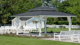 white pavillon with benches