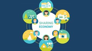 Begriffe zu sharing economy in bunter Farbe auf grauem Hintergrund