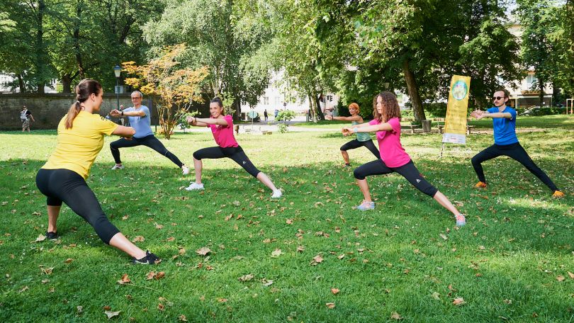 6 Personen beim Aerobic im Park