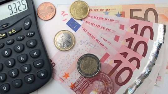 Euroscheine und Münzen, daneben ein Taschenrechner