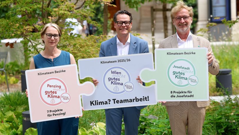 v.l.n.r. Bezirksvorsteherin Michaela Schüchner, Klimastadtrat Jürgen Czernohorszky, Bezirksvorsteher Martin Fabisch