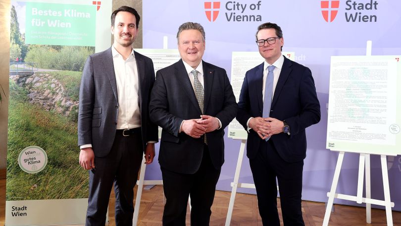 copyright: Stadt Wien/Martin Votava Vizebürgermeister Christoph Wiederkehr, Bürgermeister Michael Ludwig und Klimastadtrat Jürgen Czernohorszky