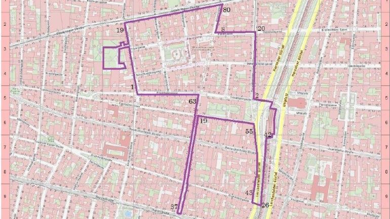 Kartenausschnitt mit markierter Waffenverbotszone am Yppenplatz