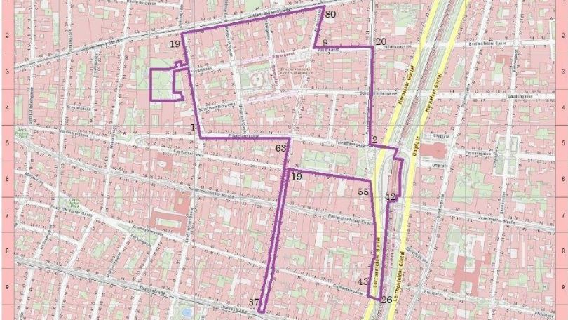 Kartenausschnitt mit markierter Waffenverbotszone am Yppenplatz