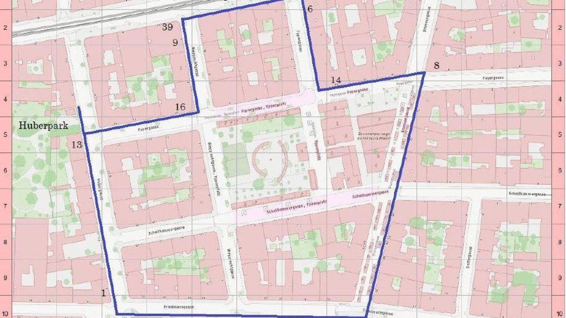 Kartenausschnitt mit markierter Schutzzone am Yppenplatz