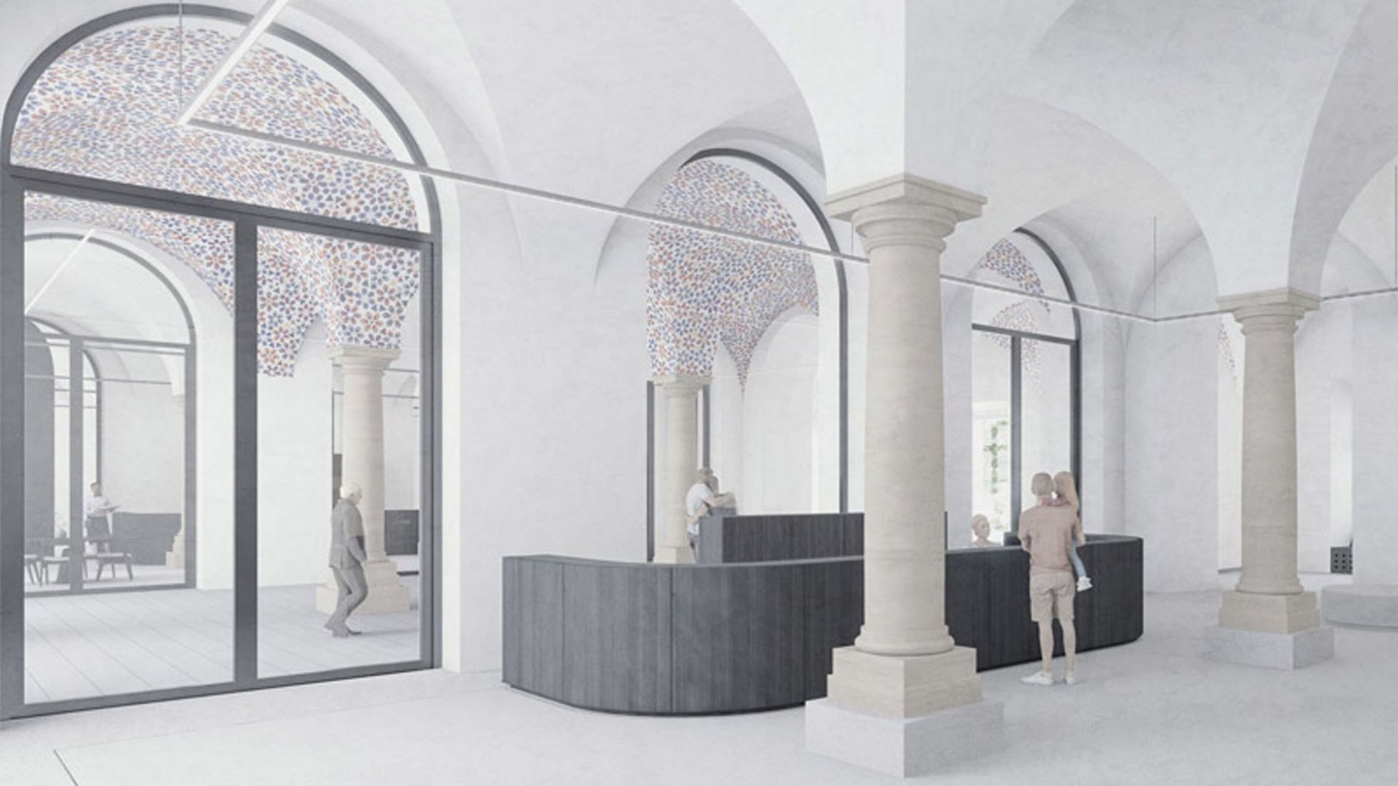 copyright: Mohr-Niklas-Architekten Die Innenansicht eines hellen Gebäudes mit großen Bögen, Säulen und einem grauen Empfang mit Menschen