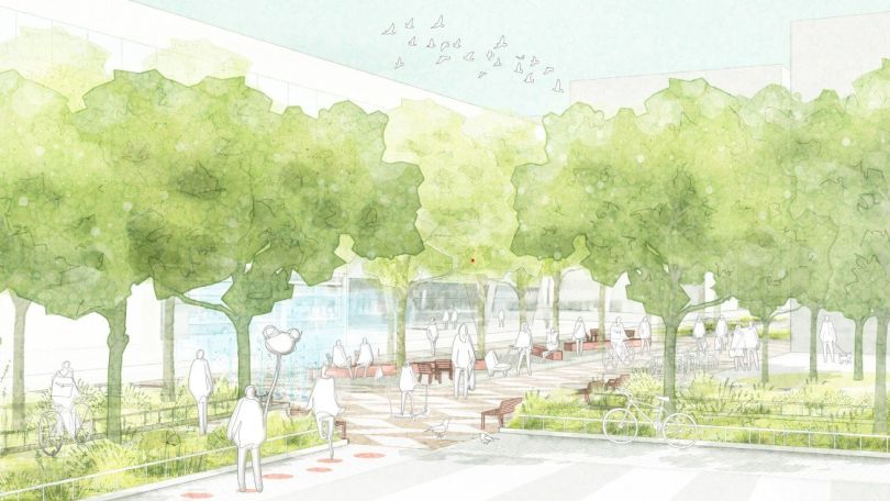 Visualisierung der Begrünung des Nordbahnviertels zeigt Park mit Bäumen, Sträuchern und Gräserbeeten