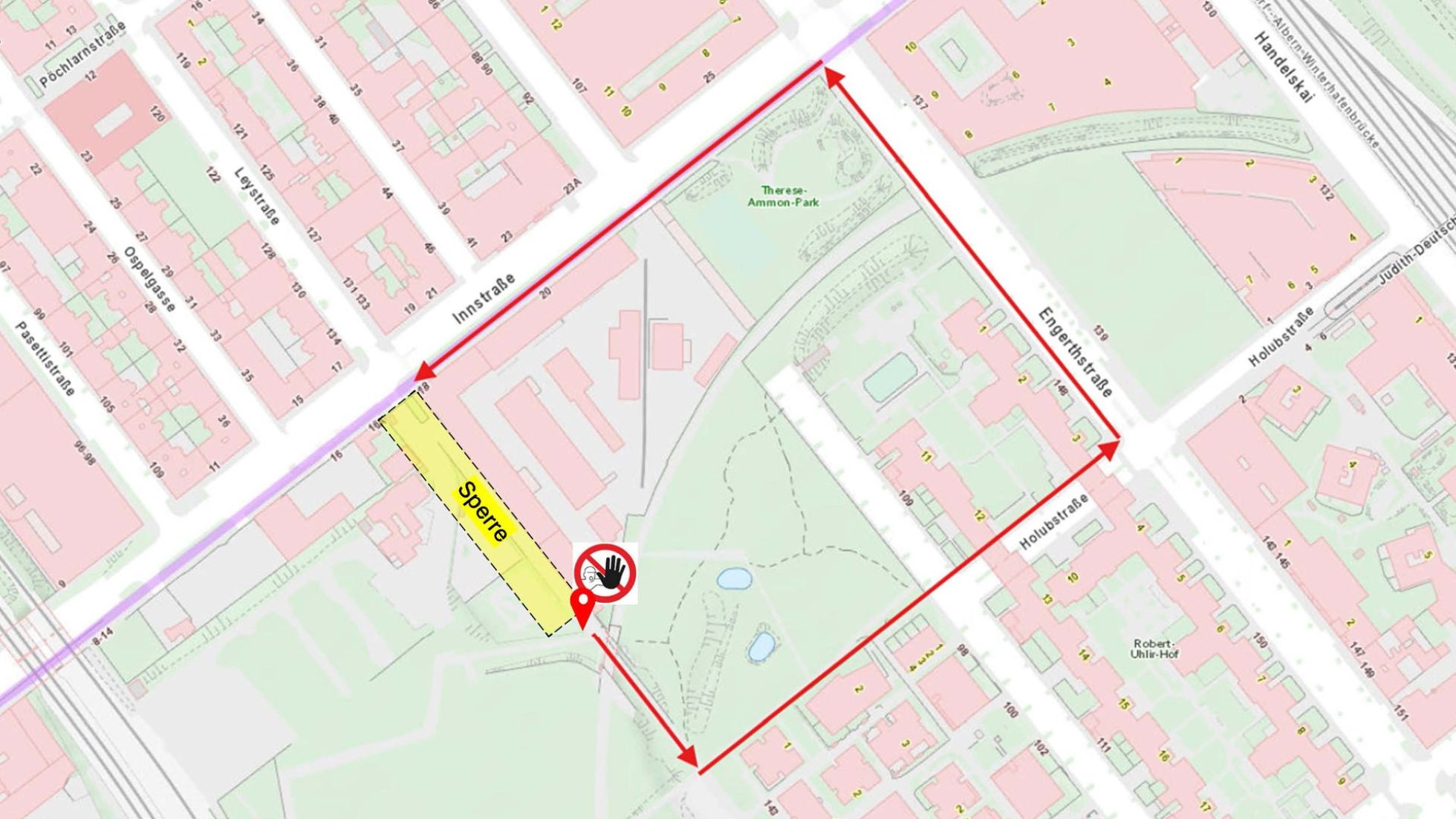 copyright: BV 2 Stadtplanausschnitt mit einer gelb hervorgehobenen Sperre in der Leystraße und roten Pfleilen für die Umleitungen