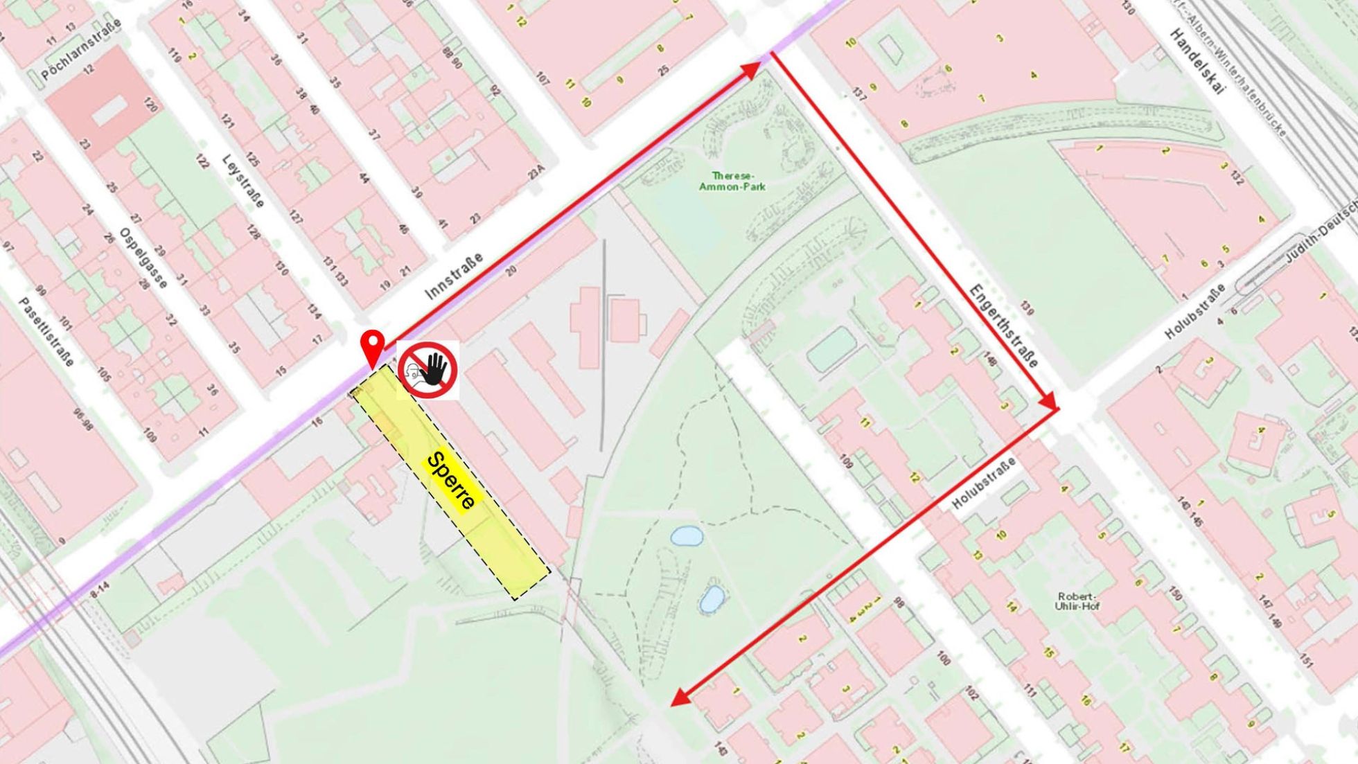copyright: BV 2 Stadtplanausschnitt mit einer gelb hervorgehobenen Sperre in der Leystraße und roten Pfleilen für die Umleitungen