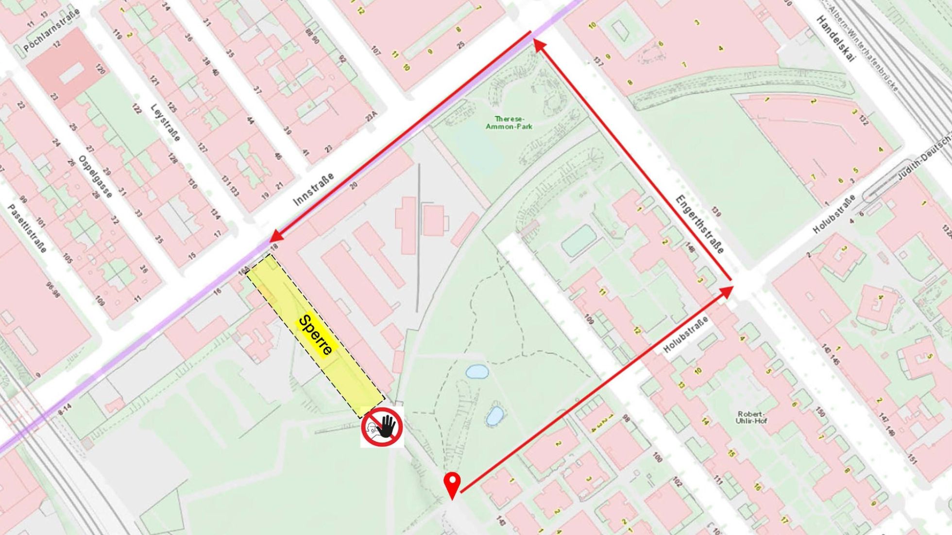 copyright: BV 2 Stadtplanausschnitt mit einer gelb hervorgehobenen Sperre in der Leystraße und roten Pfleilen für die Umleitungen