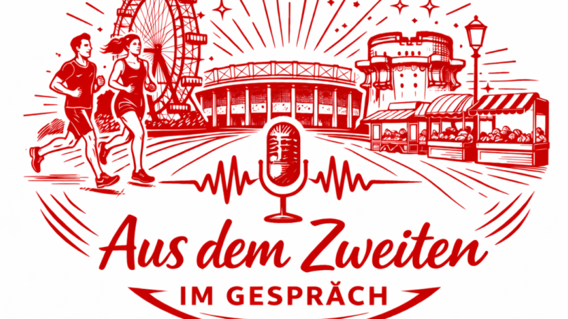 Rote Grafik auf weißem Hintergrund; Zu sehen sind 2 joggende Menschen, Riesenrad, eine Sportarena, Marktstände, ein Mikrofon und der Schriftzug "Aus dem Zweiten im Gespräch"