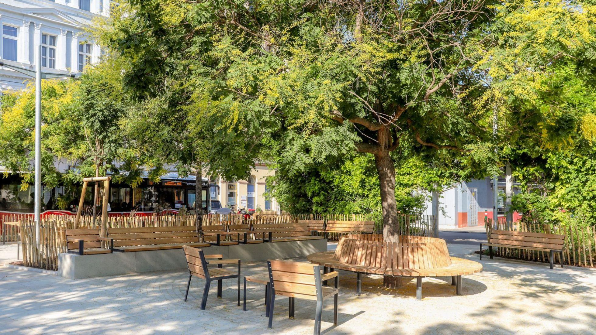 copyright: Stadt Wien/Christian Fürthner Sitzgelegenheiten rund um einen großen blühenden Baum, helle Pflasterung und im Hintergrund die weitläufige Parkanlage