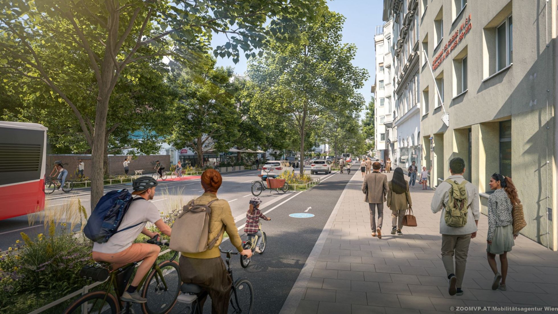 Visualisierung von Bäumen neben Radweg und Gehweg sowie einer Straße und Wohngebäuden.