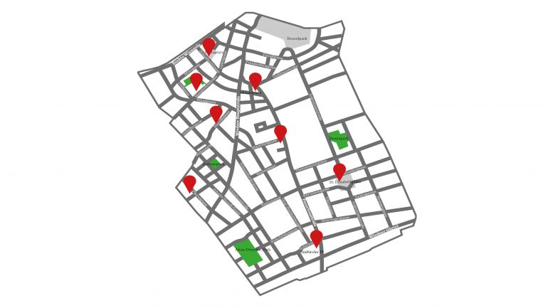 Stadtplanausschnitt mit den Standorten der offenen Bücherschränken auf der Wieden