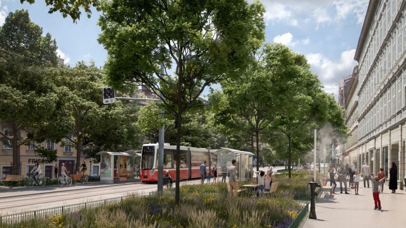 Visualisierung der Wiedner Hauptstraße mit Bäumen, Menschen und einer Straßenbahn