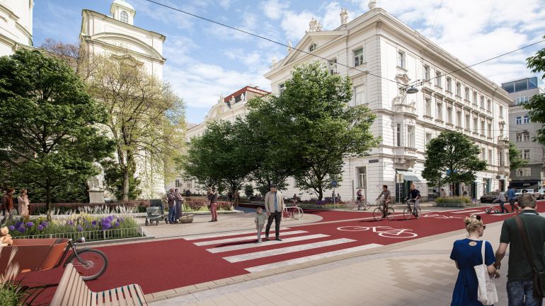 Visualisierung Argentinierstraße/Kreuzherrengasse mit rotem Fahrradweg, Menschen und Gebäuden