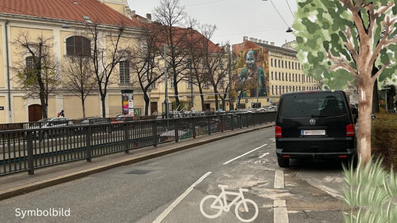 copyright: BV 4 Eine Straße mit Mehrzweckfahrstreifen für Fahrräder. Am rechten Straßenrand sind geplante Bäume eingezeichnet.